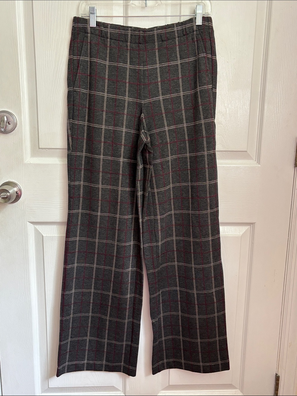 NEW J.Jill ponte full leg Plaid Wide Leg Pants Gray Red Accent Sz small pull on